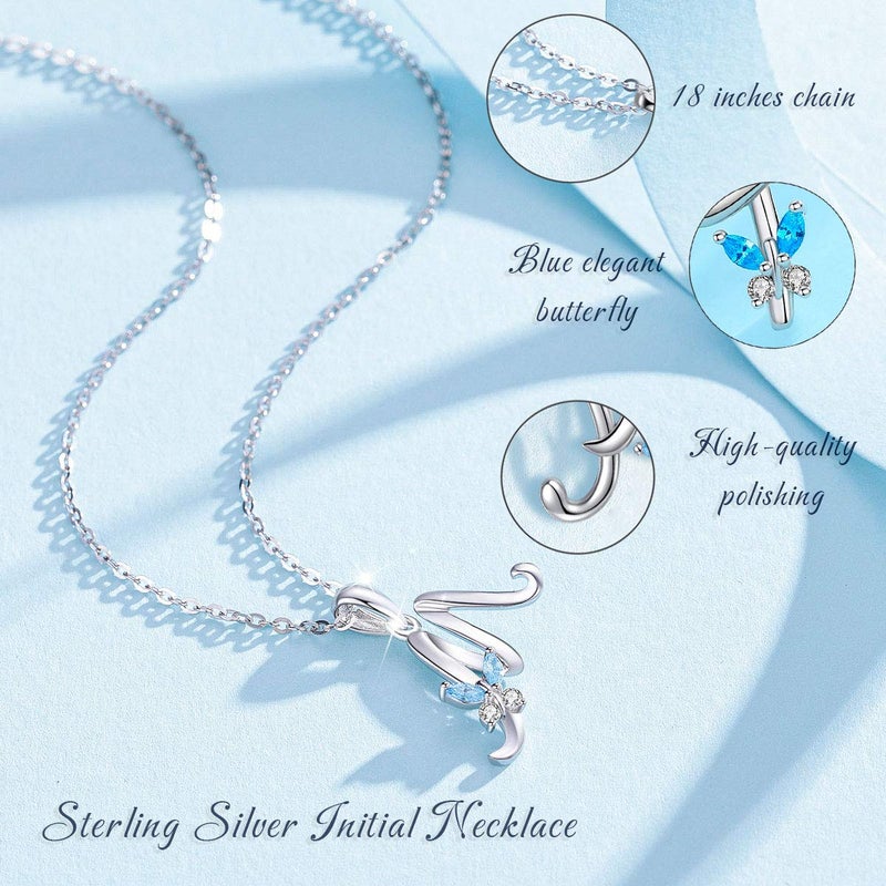 EUDORA Sterling Silver Initial M Necklaces for women Alphabet M Necklace Initial Personalized Letter M Pendant with Blue Cubic Zirconia Butterfly 18" Chain - Image 3